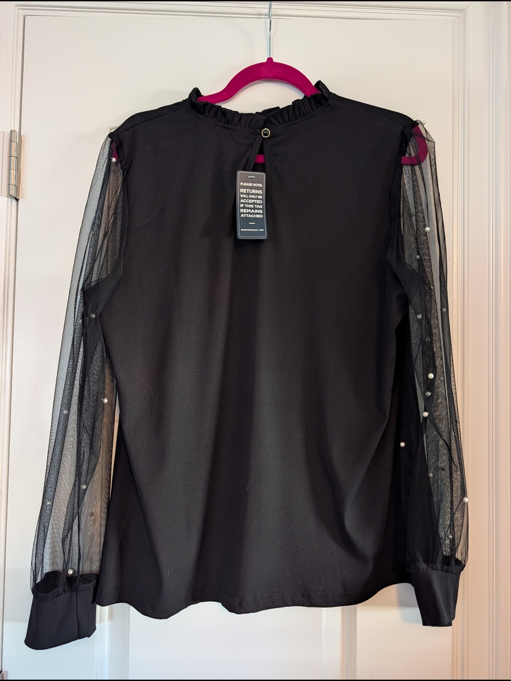 Black Mock Neck Blouse With Sheer Pearl-Sleeve Size XL NWT - Picture 9 of 13